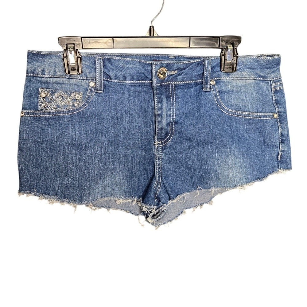 One 5 One Denim Shorts Rhinestone Pockets Frayed Hem Blue Size 10‎